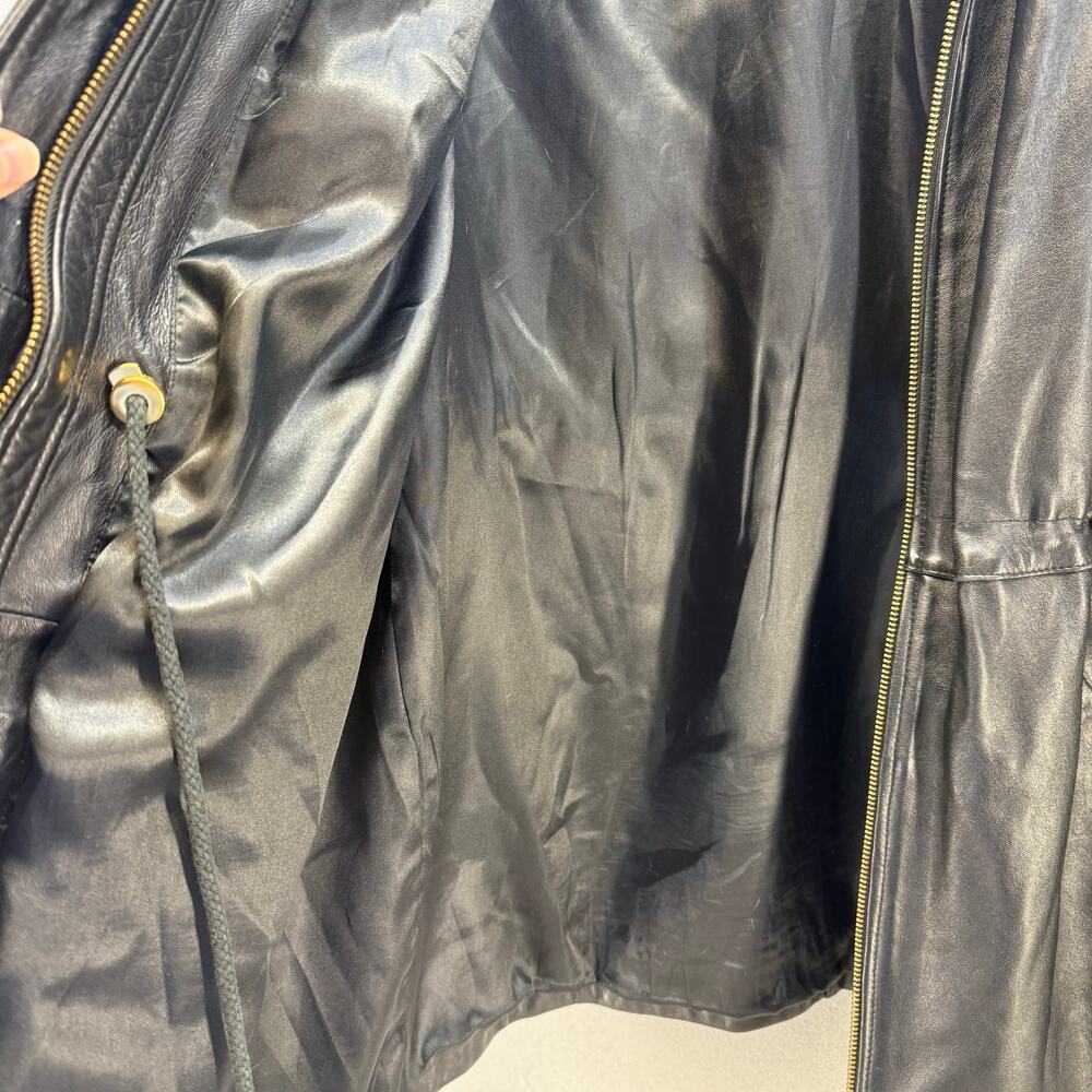 Worthington Leather Parka Women's L Black Lamb Skin Dyed Fox Fur Trim Hood EUC - Picture 5 of 14